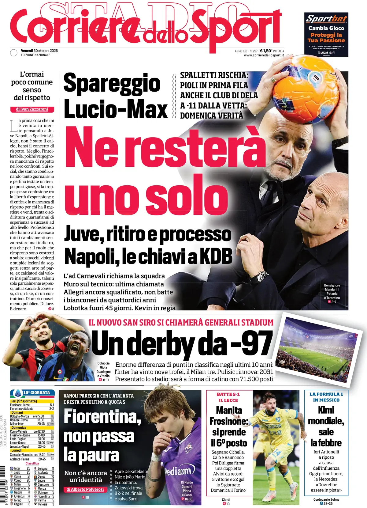 Le prime pagine dei quotidiani sportivi: crollo Lecce a Frosinone, crisi profonda Juve