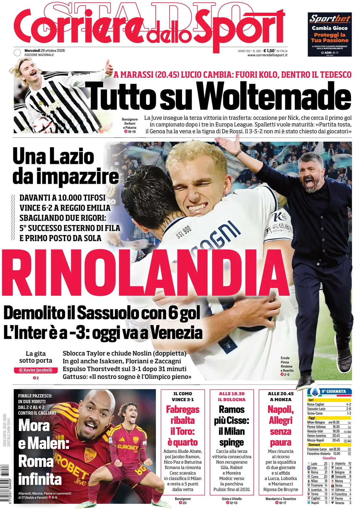 Le prime pagine dei quotidiani sportivi: la Lazio ne fa sei e vola in vetta, il Como rimonta il Toro