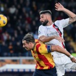 Ci Lecce 11/11/2023 - campionato di calcio serie A / Lecce-Milan / foto Carmelo Imbesi/Image Sport
nella foto: Olivier Giroud-Federico Baschirotto
