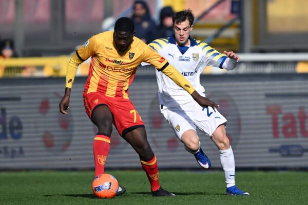 Ci Lecce 11/01/2026 - campionato di calcio serie A / Lecce-Parma / foto Carmelo Imbesi/Image Sport
nella foto: Mohamed Kaba-Gaetano Oristanio